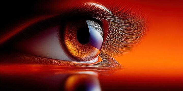 Extreme close-up of a human eye with fiery iris and dramatic lighting