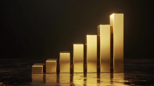 gold bar graph on black, Cinematic animation of gold bars rising and forming an ascending bar chart symbolizing financial growth