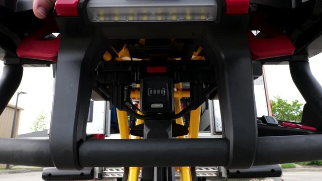 Powered ambulance stretcher battery module and control handle visible during carriage lift operation inside ambulance compartment &mdash; fixed point of view technical close up shot.