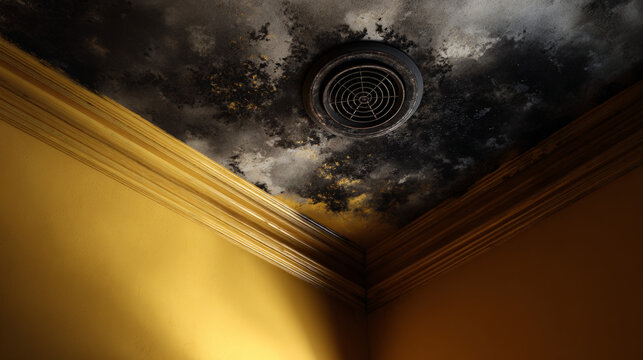 Ceiling vent surrounded by mold stains in interior room corner