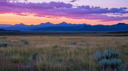 Obraz premium A tranquil landscape at dusk featuring soft grasslands and majestic mountains under vibrant skies