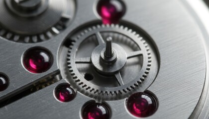 Intricate Steel Escapement Mechanism with Ruby Jewels in Macro View