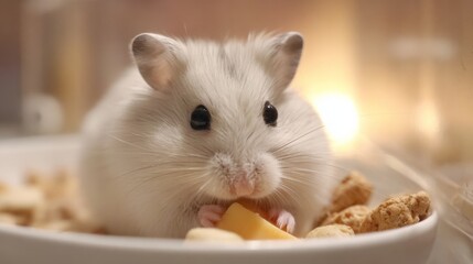 Fototapeta premium Close-up view of a white hamster eating food in a small bowl during evening hours