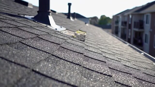 Close up of a damaged asphalt shingle roof with a chimney.