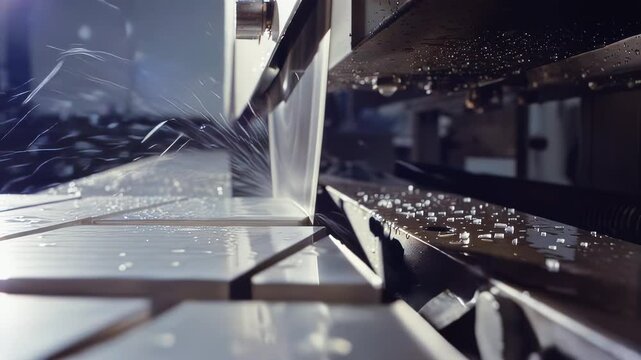 Industrial cutting machine processes materials with precision, showcasing water spray and metal shavings in a well-lit manufacturing environment