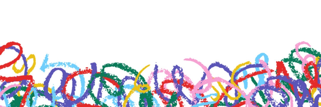 Bottom border of messy multicolored crayon scribbles. Hand drawn wax chalk texture. Abstract naive kids drawing on transparent background. Vibrant artistic header element vector illustration