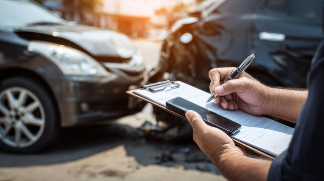 Two hands hold clipboard for accident report in busy street during daytime