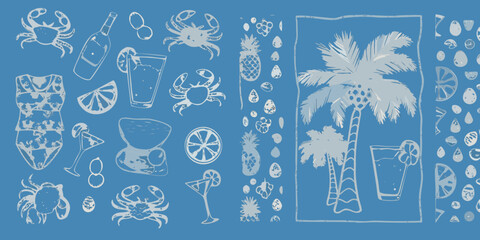 A summery still life featuring tropical fruits crabs and beach items © Piku