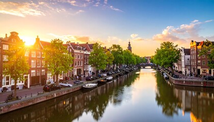 Obraz premium Dutch canal scene at sunset with colorful buildings and water reflection