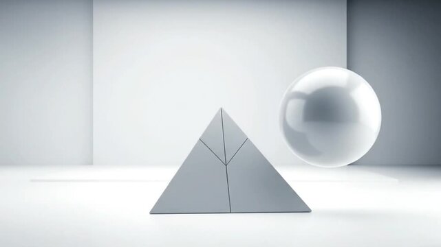 A sharp triangular pyramid object rests on a flat white floor next to a floating smooth white sphere in a clean architectural space.