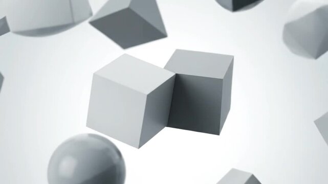 Monochromatic geometric shapes including cubes and spheres float against a bright white background in abstract composition.