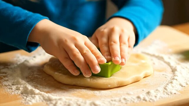 Childs hands cutting dough with cookie cutter on wooden surface