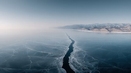 Fototapeta premium Vast frozen lake with a deep crack revealing dark water below, mountains in distance