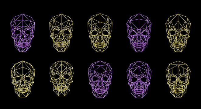 Minimalist polygonal skull set. High-contrast neon colors for gaming and streetwear design.
