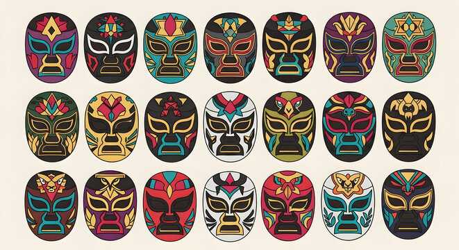 Vibrant collection of Mexican wrestling masks. Intricate patterns and bold colors for cultural and sport designs.
