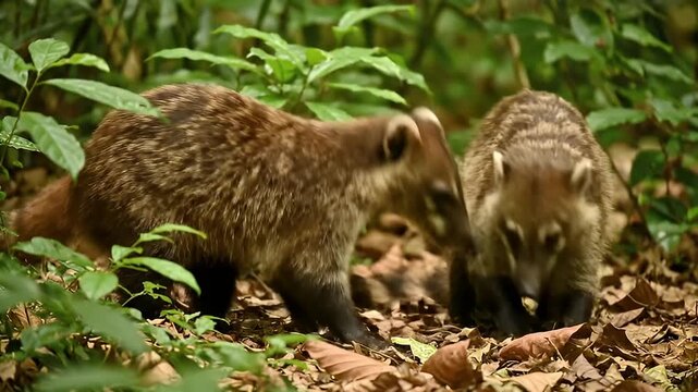 Baby Raccoon Dogs Playing in Forest Leaves.