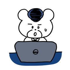 パソコンを使って事務仕事をする失敗気味のクマのサラリーマンキャラクター