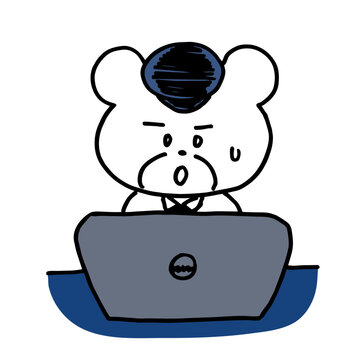 パソコンを使って事務仕事をする失敗気味のクマのサラリーマンキャラクター