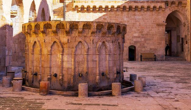 Wudu, ablution faucet facility in Mosque. Ablution area for muslims in mosque