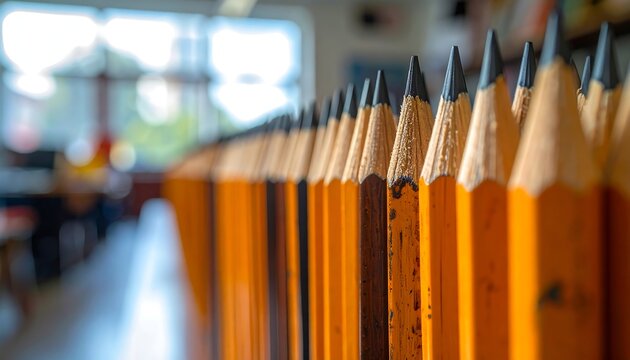 Row of sharply pointed yellow pencils, blurred background