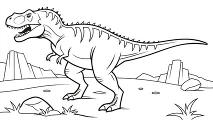 Obraz premium Vector illustration of T-Rex dinosaur coloring page illustration in a prehistoric desert landscape with rocks and mountains