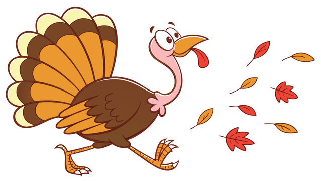 Vector illustration of Funny cartoon Thanksgiving turkey running with autumn leaves blowing in the wind illustration