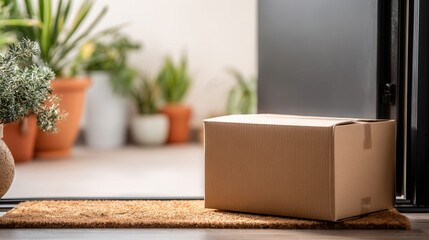 Fototapeta premium Cardboard delivery box left on doormat outside front door with plants in background