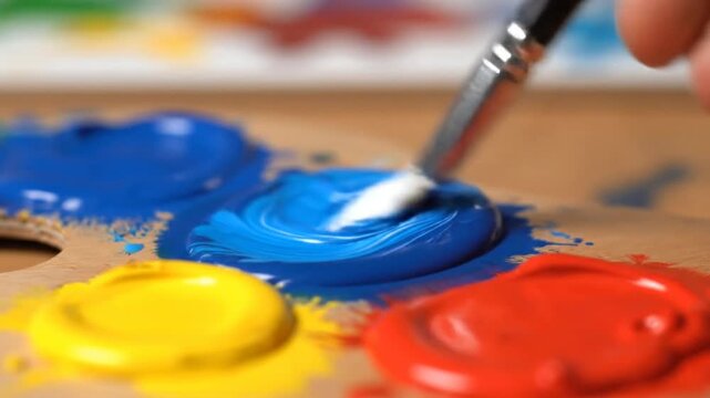 A fine-tipped brush dips into thick blue oil paint on a wooden palette containing dabs of primary colors for artistic mixing.