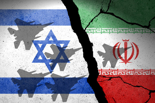 Flag of Israel and Iran painted on a concrete wall with airplane shadows