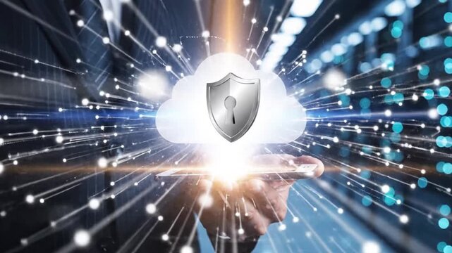 Hand holding a shield icon in a cloud surrounded by digital connections and data streams