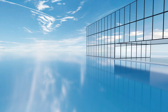 Modern glass building over water with minimal architecture