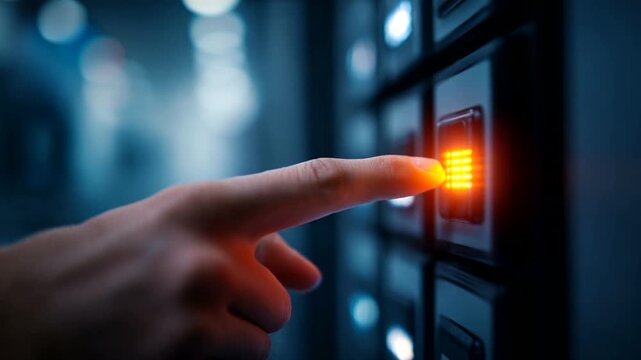 Finger pressing a glowing button on a control panel