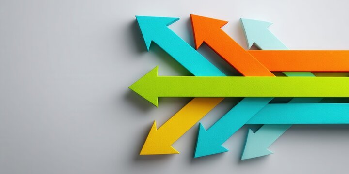 Multiple colorful arrows pointing in different directions on a light background