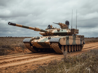 Fototapeta premium Modern Military Tank with Crew in Action on a Dirt Road in a Desert Landscape with Cloudy Sky