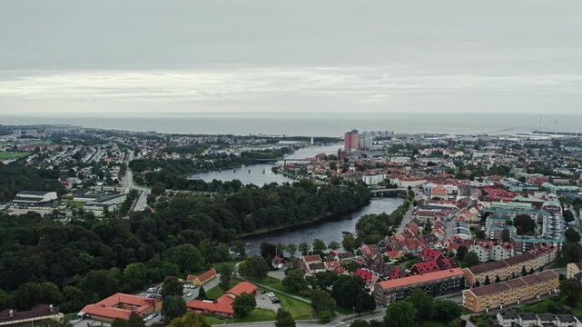 Aerial view of Falkenberg, river meets sea, serene and expansive landscape