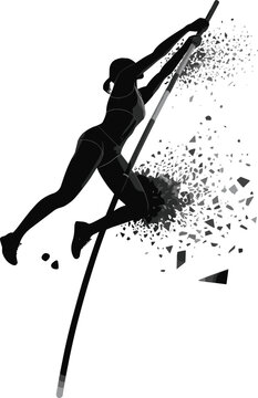 Action silhouette of a female athlete performing a pole vault jump with dynamic shattering explosion effect isolated on white background for sports design.