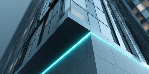 Fototapeta premium Modern skyscraper corner with blue neon light accent and glass facade