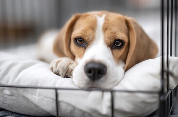 Fototapeta premium Sad beagle puppy resting its head on a soft cushion inside a dog crate