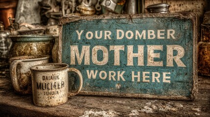 A messy office kitchen, unwashed mugs in the sink, a "Your Mother Doesn't Work Here" sign, humorously real