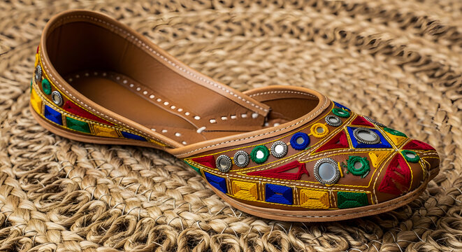Traditional Indian Mojari or Jutti Footwear Featuring Intricate Hand-Embroidered Geometric Patterns with Colorful Threadwork and Shisha Mirror Accents on Brown Leather Base