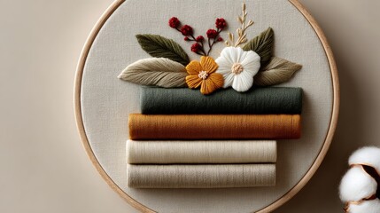 Fototapeta premium Embroidered floral design featuring stacked fabric rolls in earthy tones with decorative flowers and leaves on a circular wooden frame against a neutral background