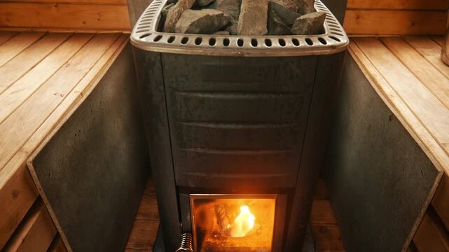 Rising wide view of hot wood-fired sauna with ladel ready to use for relaxing and heat therapy. Luxury spa treatments, self-care routines, stress reduction. Part of routine for longevity.