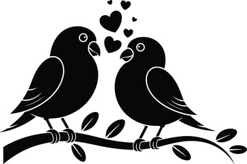 Romantic love birds silhouette on branch with hearts, cute couple bird illustration, Valentine romance nature vector design