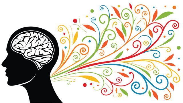 Vector illustration of Creative Brain with Colorful Swirls and Dots representing Abstract Idea Generation and Thought Process.