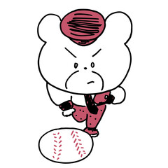スーツ姿でピッチングをするクマのキャラクター
