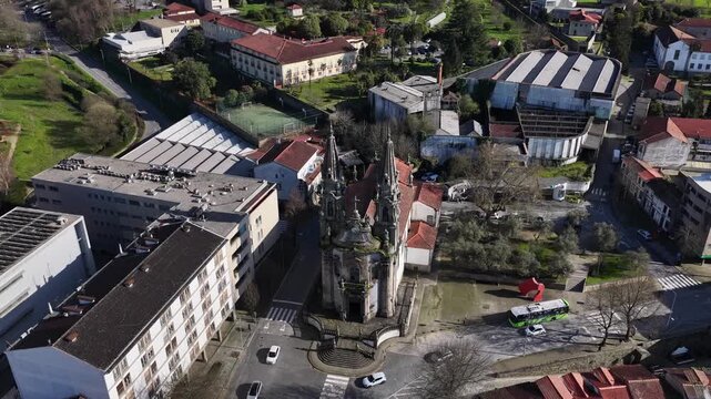 Wide angle drone shot of church nossa senhora da consola&ccedil;ao e santos passos European green city capital.