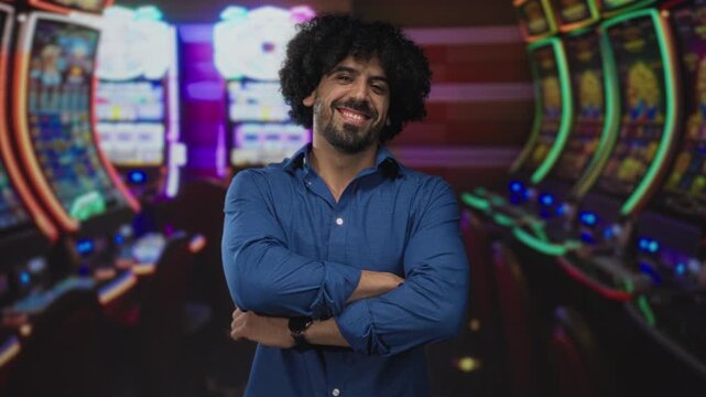 Man with curly hair smiling and hands cupped toward camera beside slot machine in casino building; winning excitement.