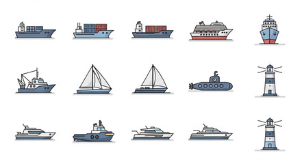 Collection of Various Watercraft Illustrations.