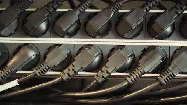 Electrical Cables Plugged Into Multi Outlet Power Board. Electricity Distribution And Energy Consumption