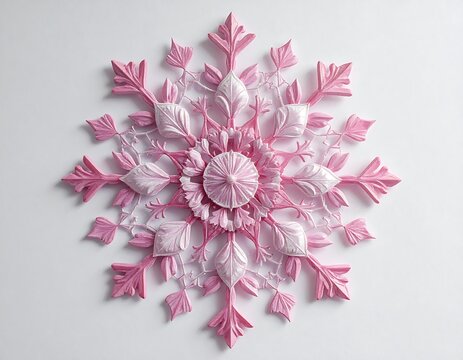 A delicate pink paper snowflake on white background